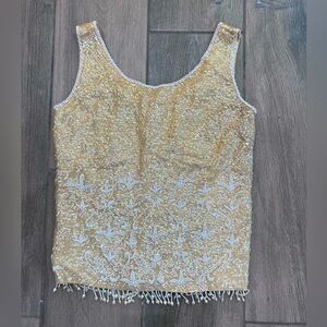 Vtg Hand Full Fashion Hand Beaded 100% Virgin Wool Ivory Party Sleeveless Top S